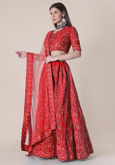 Red Embroidered Silk Lehenga Set