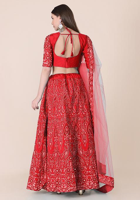 Red Embroidered Silk Lehenga Set