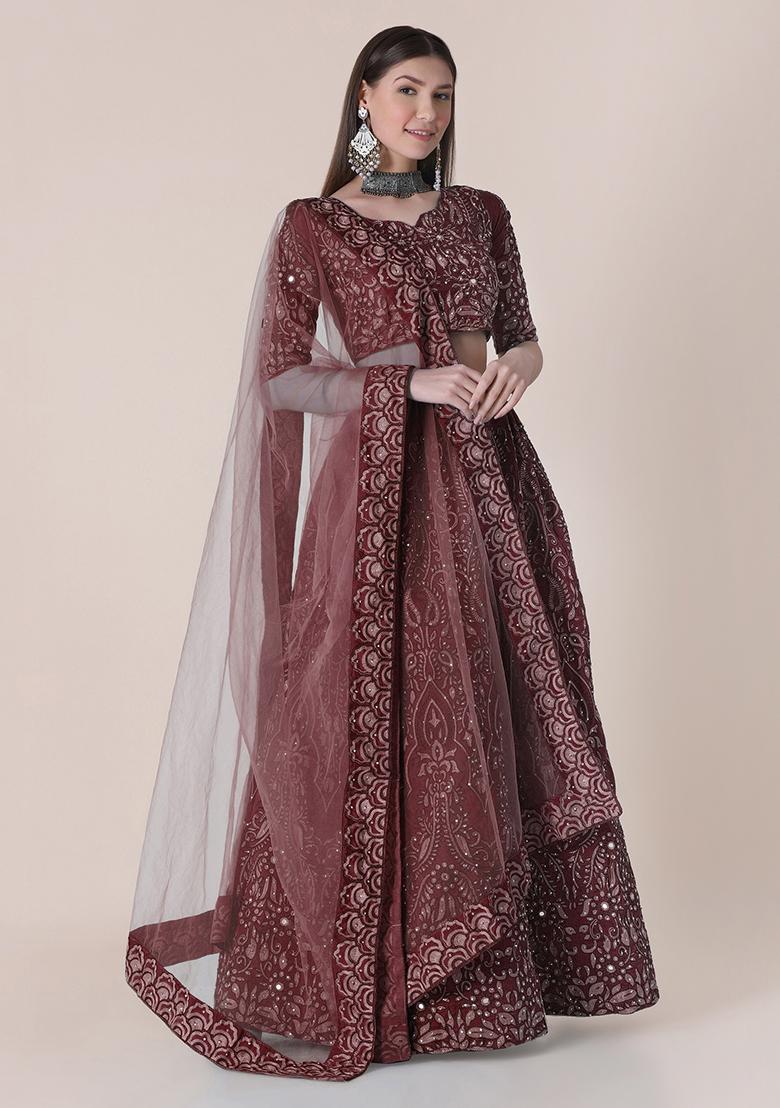 Maroon Embroidered Silk Lehenga Set
