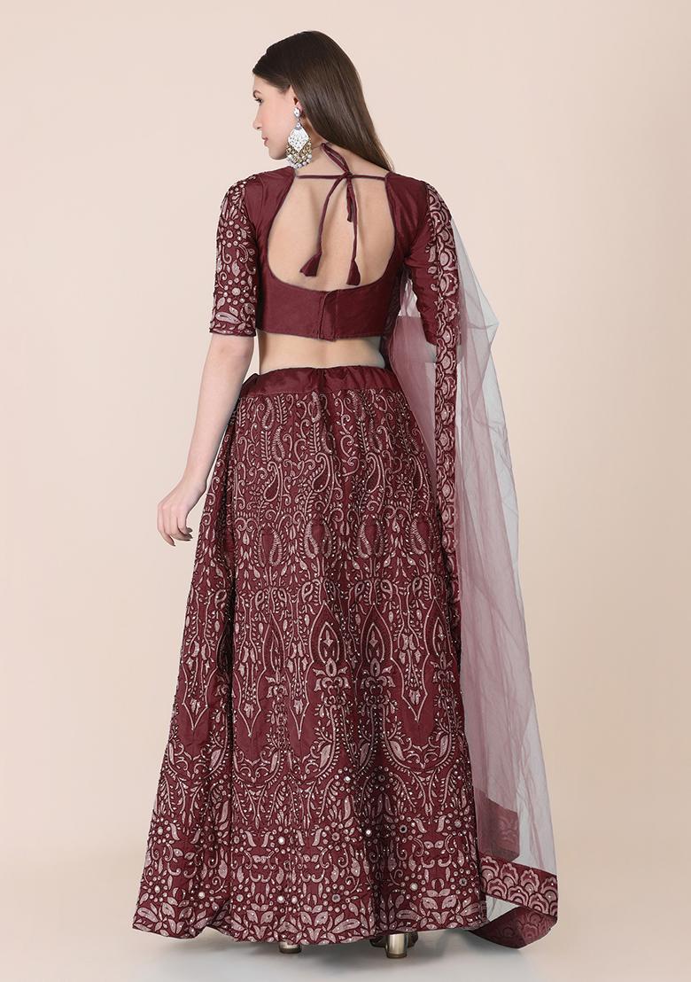 Maroon Embroidered Silk Lehenga Set