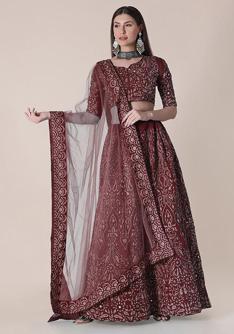 Maroon Embroidered Silk Lehenga Set