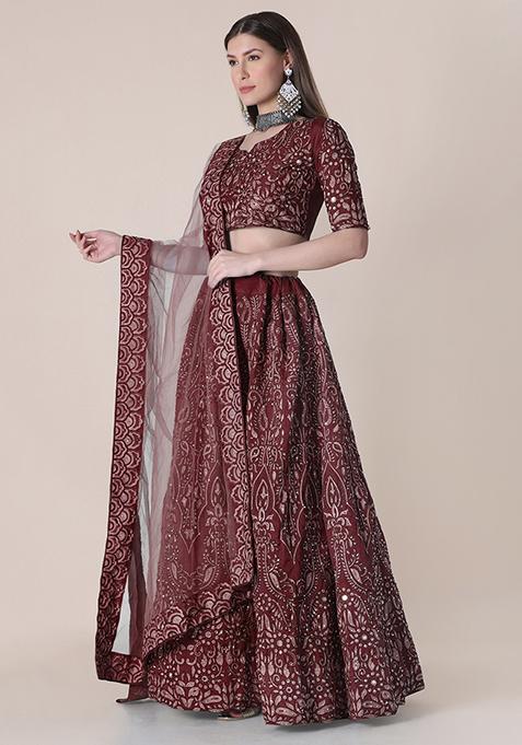 Maroon Embroidered Silk Lehenga Set