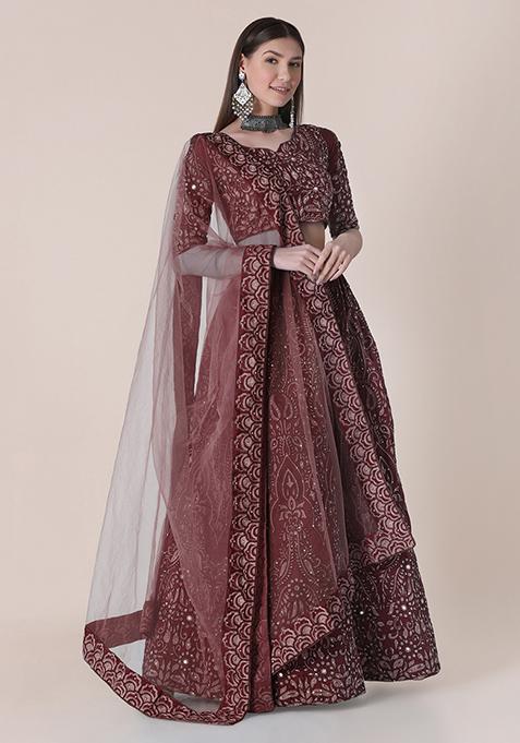Maroon Embroidered Silk Lehenga Set