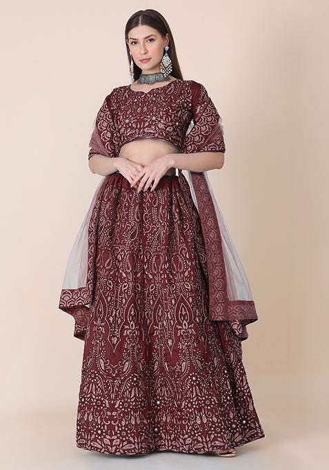 Maroon Embroidered Silk Lehenga Set