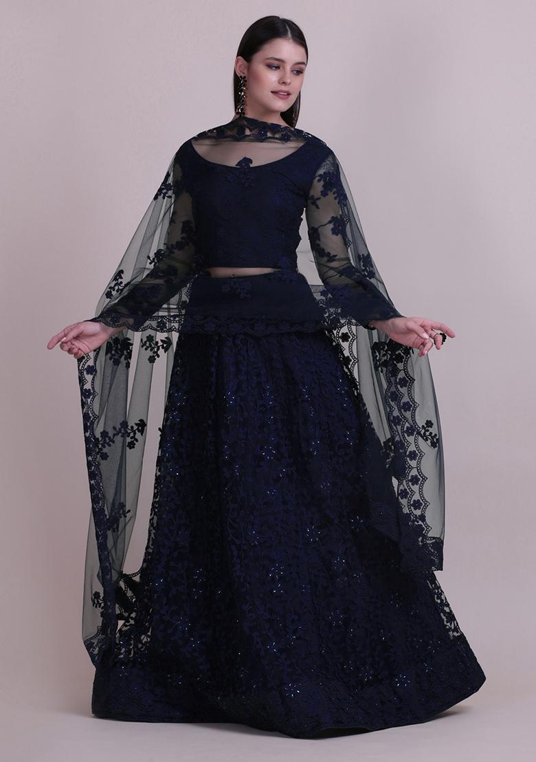 Navy Blue Embroidered Net Lehenga Set