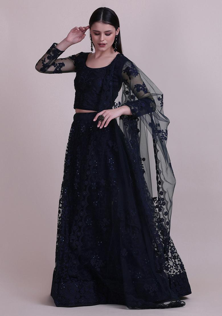 Navy Blue Embroidered Net Lehenga Set