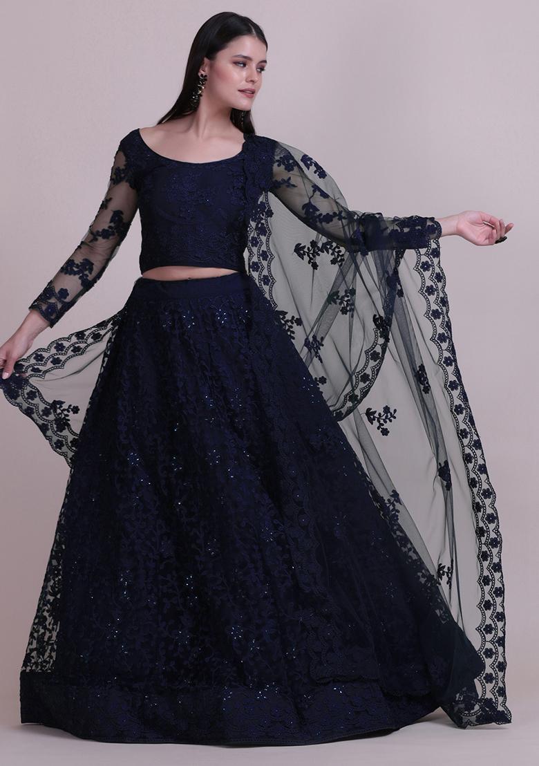 Navy Blue Embroidered Net Lehenga Set