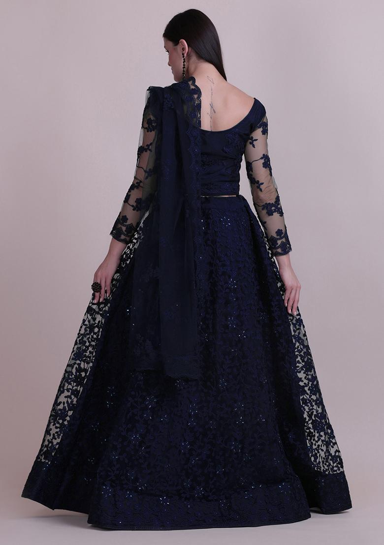 Navy Blue Embroidered Net Lehenga Set