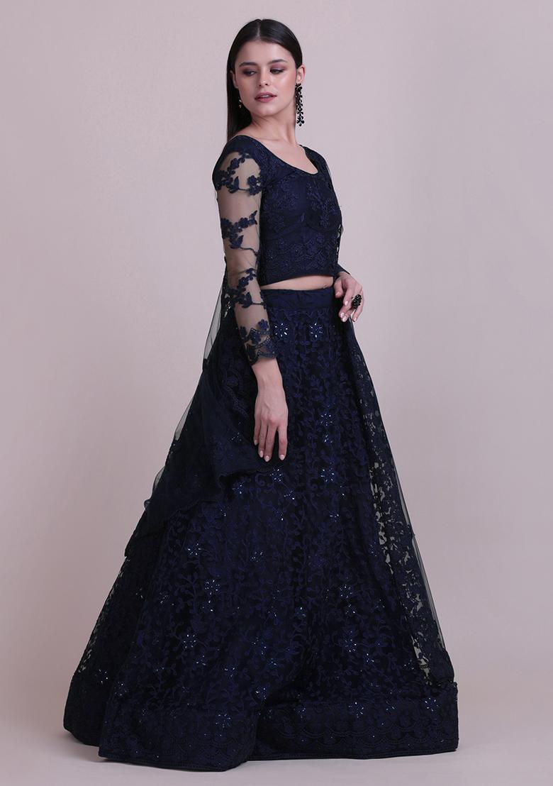 Navy Blue Embroidered Net Lehenga Set