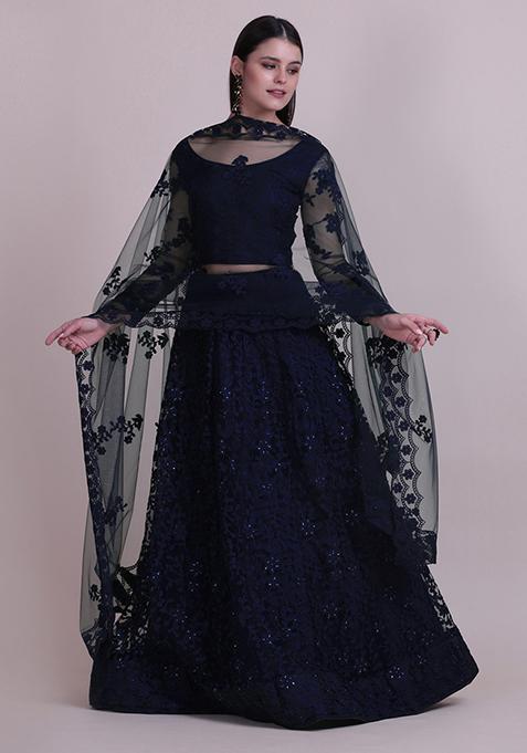 Navy Blue Embroidered Net Lehenga Set