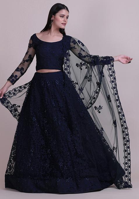 Navy Blue Embroidered Net Lehenga Set