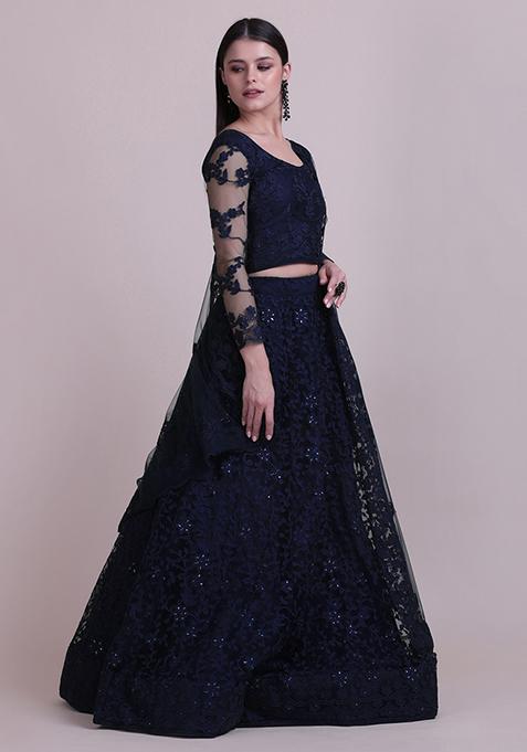 Navy Blue Embroidered Net Lehenga Set