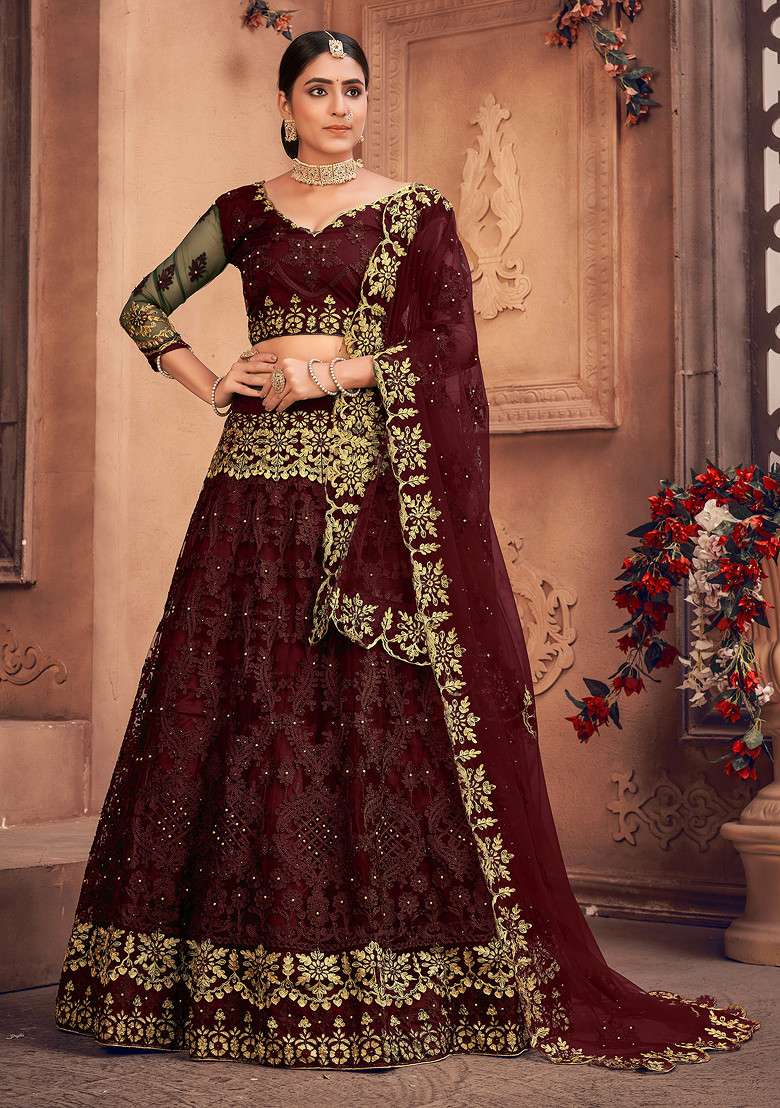 Maroon Embroidered Net Lehenga Set for Diwali and Festive Wear - Indya