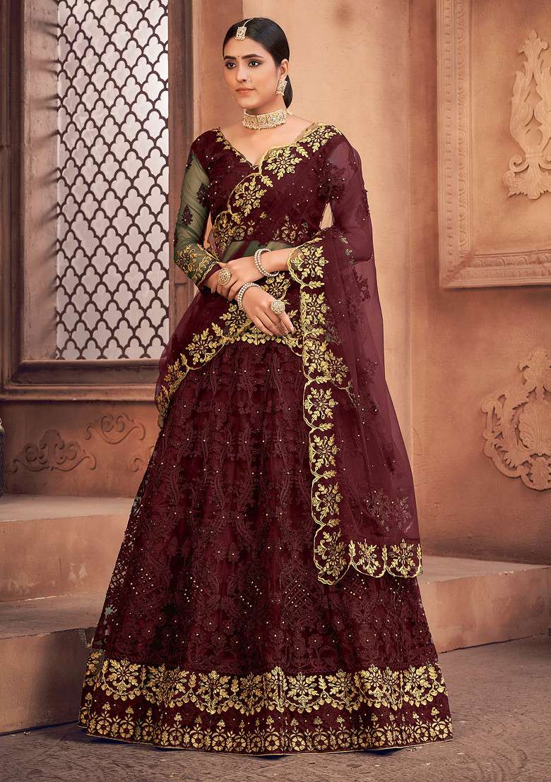 Maroon Embroidered Net Lehenga Set for Diwali and Festive Wear - Indya