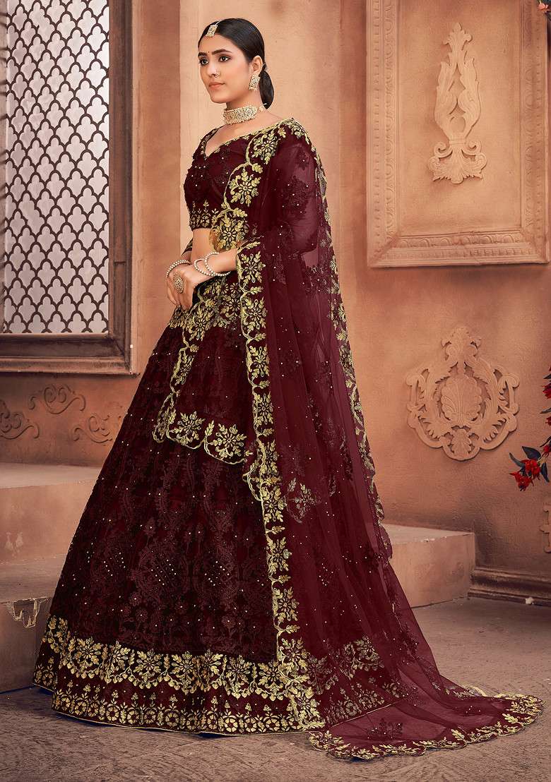Maroon Embroidered Net Lehenga Set for Diwali and Festive Wear - Indya