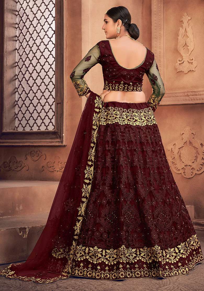 Maroon Embroidered Net Lehenga Set for Diwali and Festive Wear - Indya