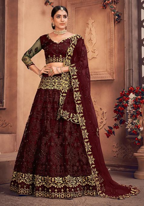 Maroon Embroidered Net Lehenga Set