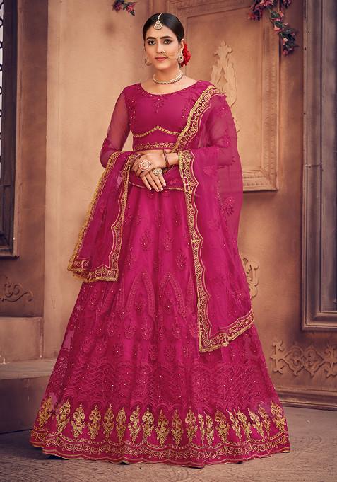 Pink Embroidered Net Lehenga Set