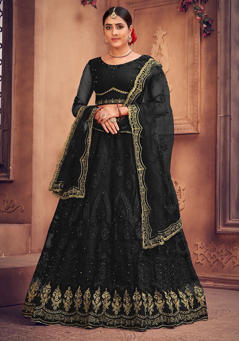 Black Embroidered Net Lehenga Set