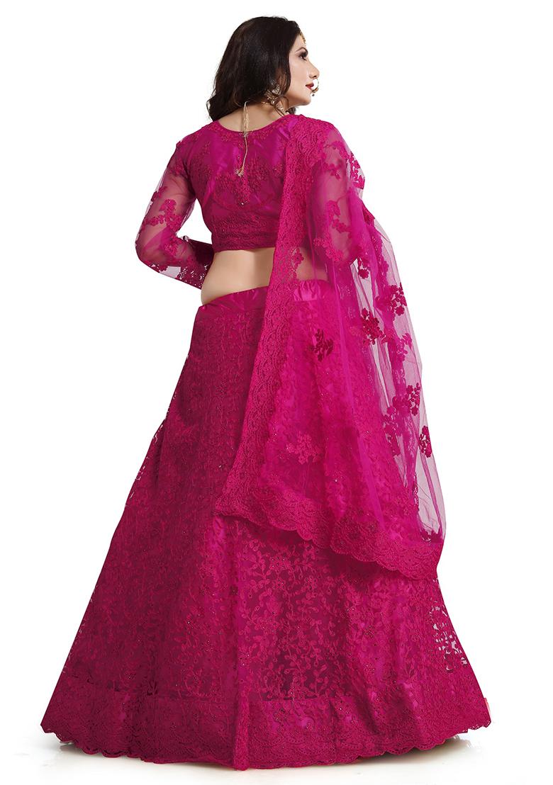 Dark Pink Embroidered Net Lehenga Set
