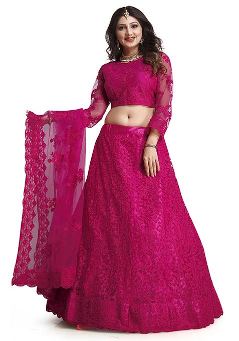 Dark Pink Embroidered Net Lehenga Set