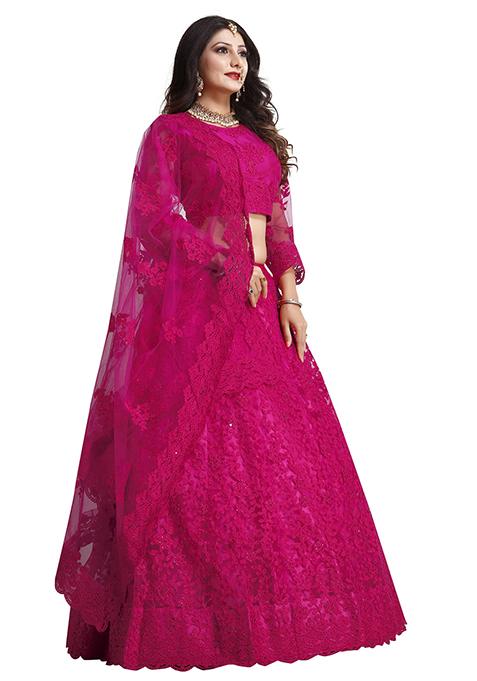 Dark Pink Embroidered Net Lehenga Set