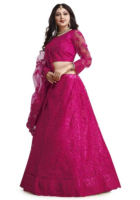 Dark Pink Embroidered Net Lehenga Set