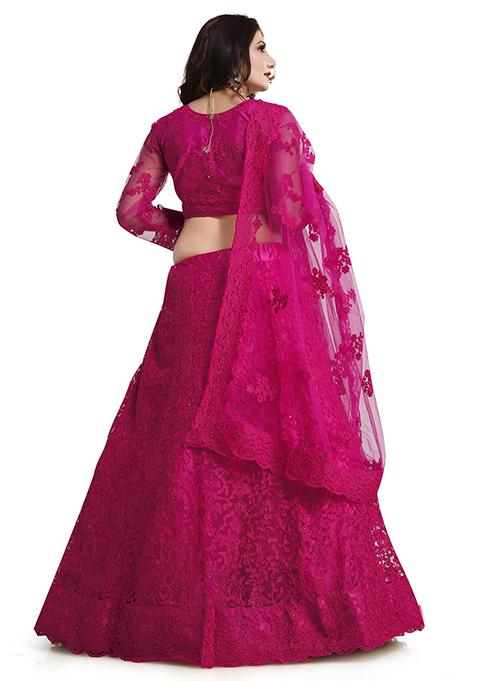 Dark Pink Embroidered Net Lehenga Set