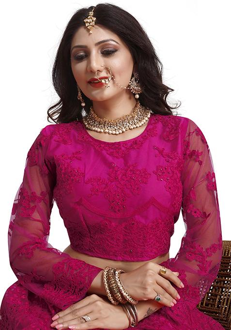 Dark Pink Embroidered Net Lehenga Set