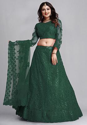 Green Embroidered Net Lehenga Set