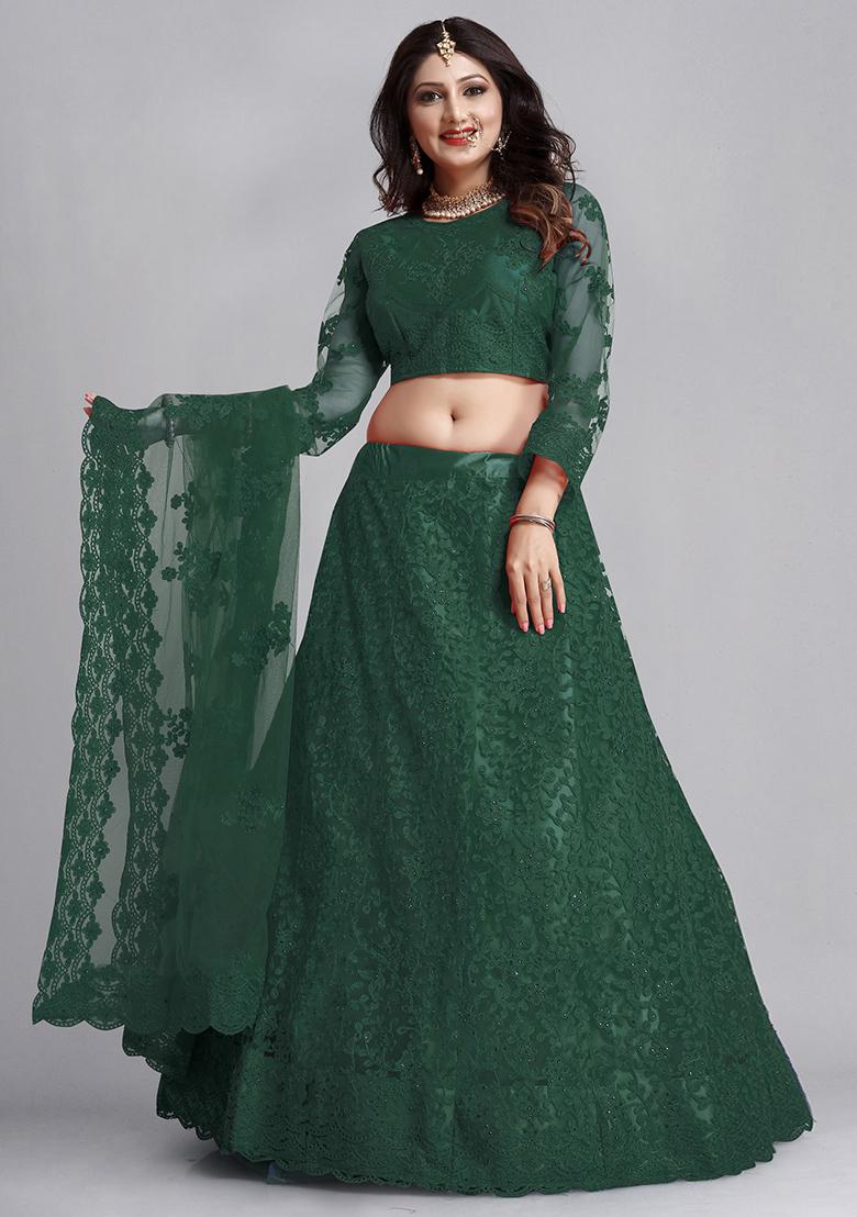 Green Embroidered Net Lehenga Set