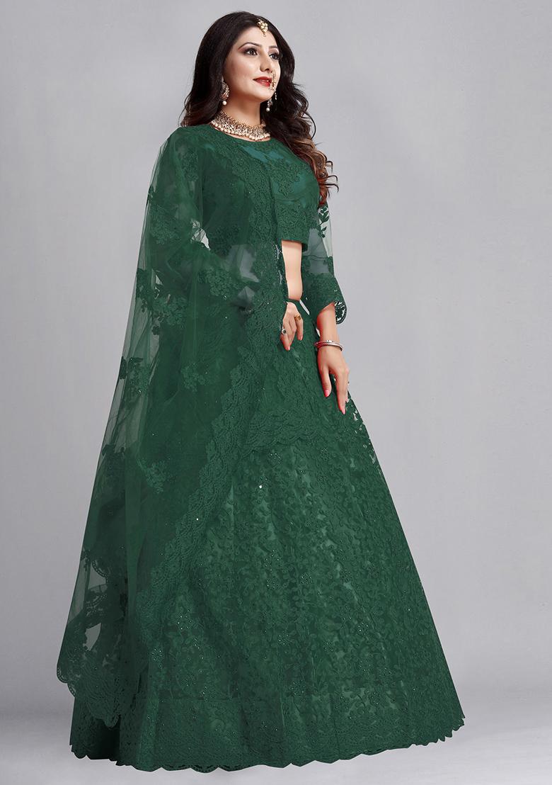 Green Embroidered Net Lehenga Set