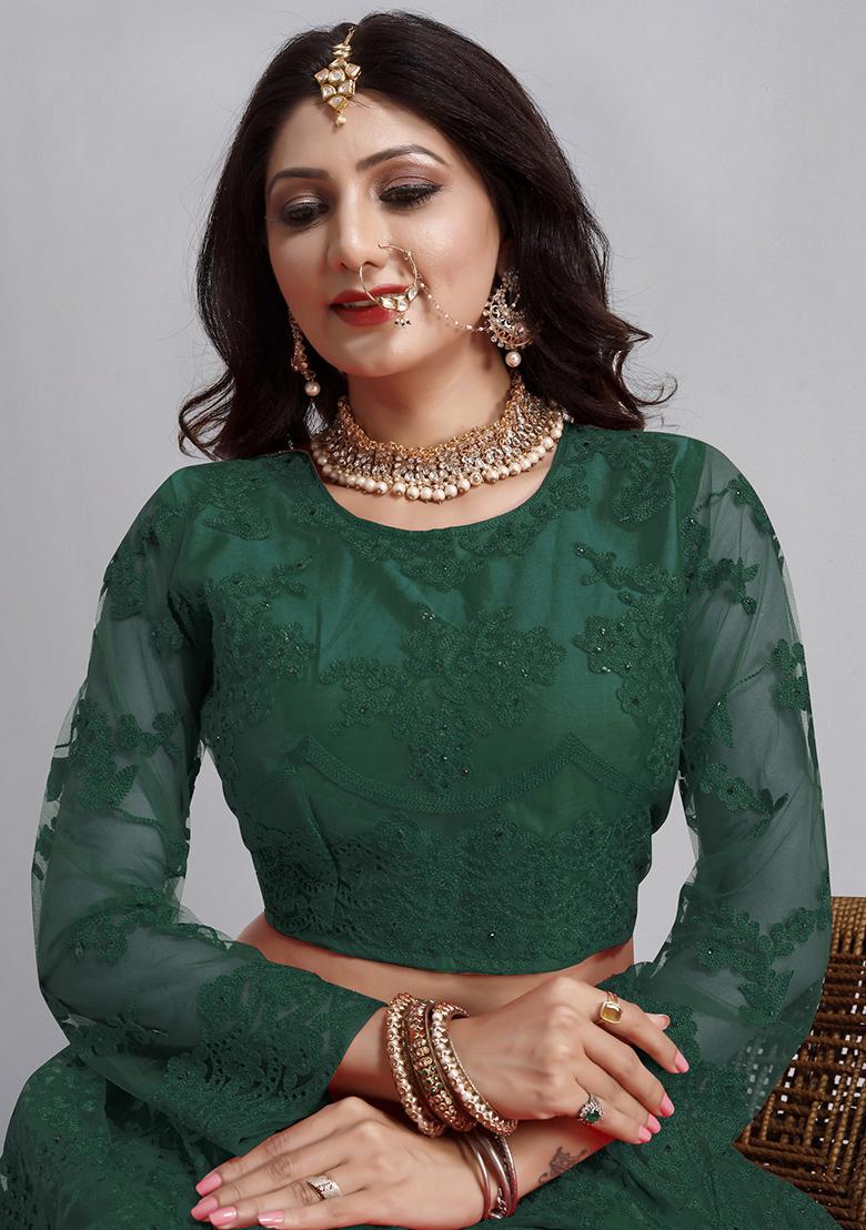 Green Embroidered Net Lehenga Set