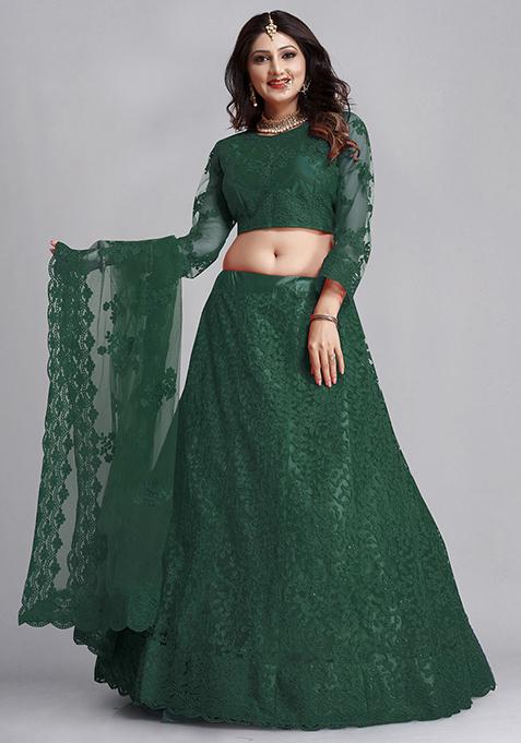 Green Embroidered Net Lehenga Set