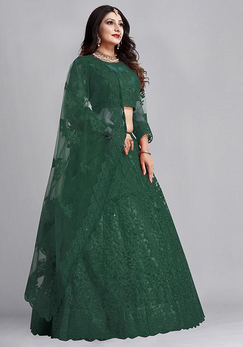 Green Embroidered Net Lehenga Set