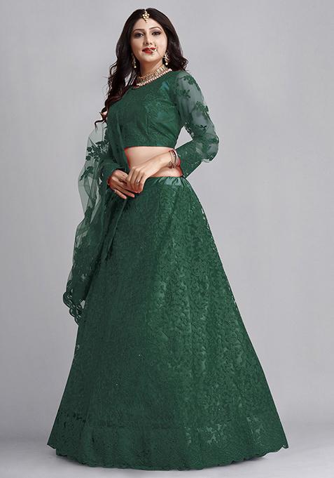 Green Embroidered Net Lehenga Set