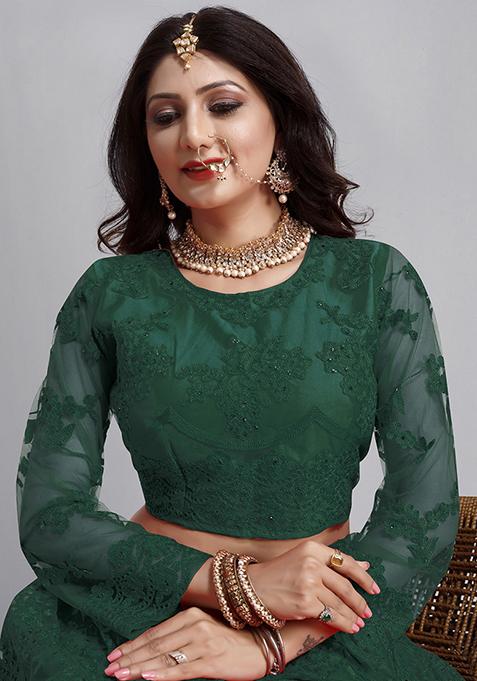Green Embroidered Net Lehenga Set