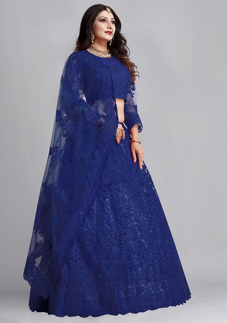 Blue Embroidered Net Lehenga Set - Indya