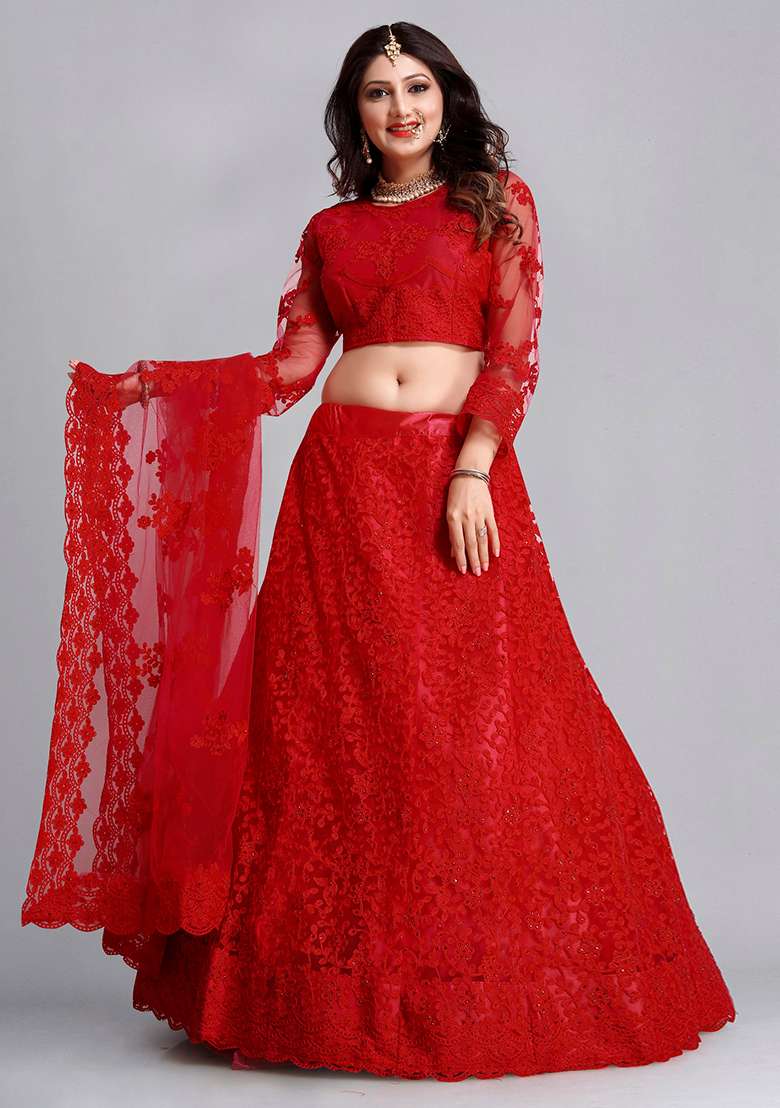 Cherry Red Net Lehenga Set with Embroidered for Diwali | Wedding & Festive Wear - Indya