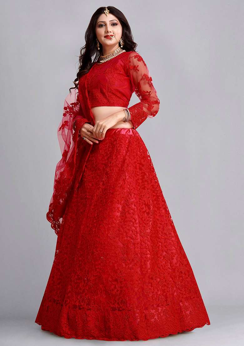 Cherry Red Net Lehenga Set with Embroidered for Diwali | Wedding & Festive Wear - Indya