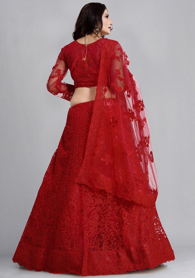 Red Hand Embroidered Lehenga Set - Net main image 1