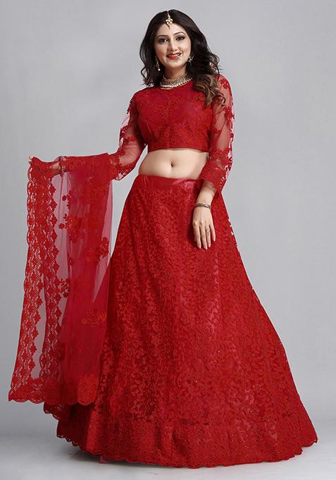 Cherry Red Embroidered Net Lehenga Set