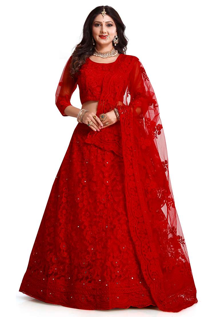 Cherry Red Lehenga Set with Embroidered for Diwali | Wedding & Festive Wear - Indya
