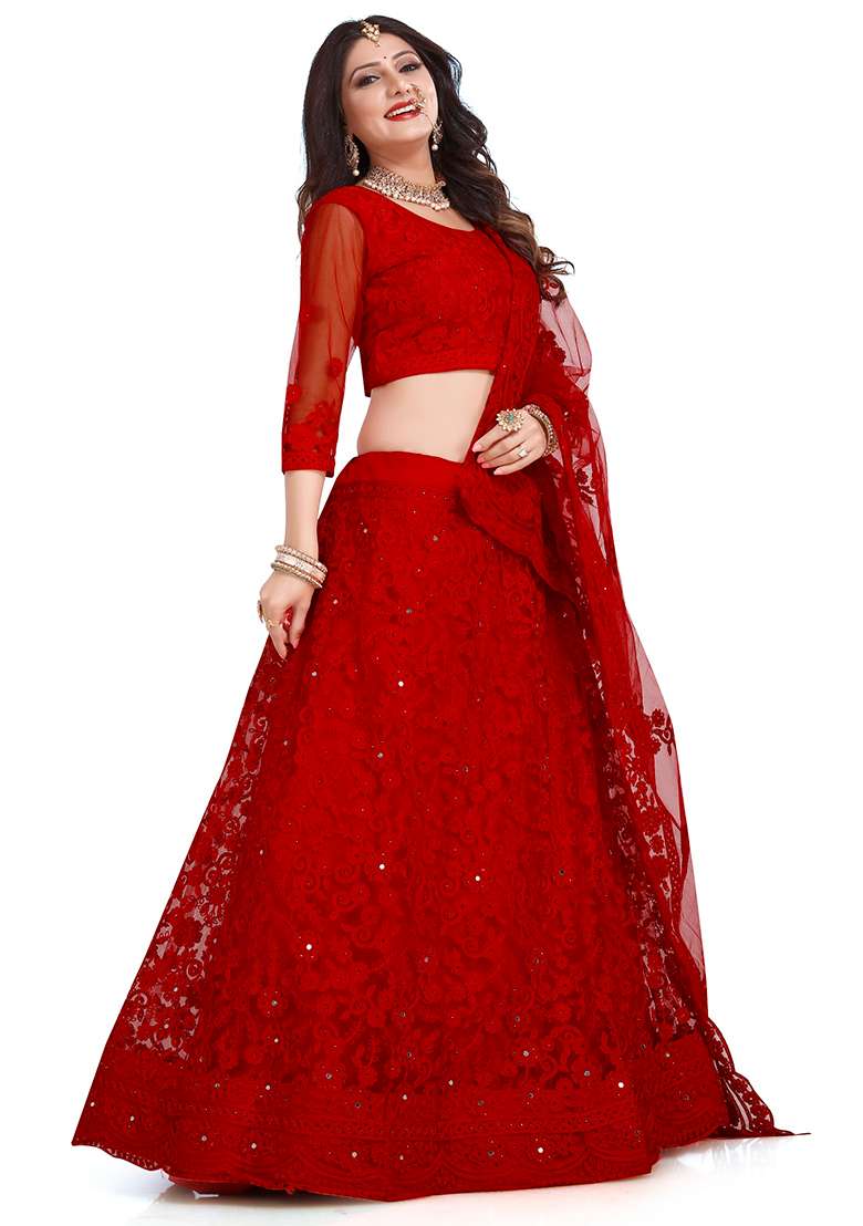 Cherry Red Lehenga Set with Embroidered for Diwali | Wedding & Festive Wear - Indya
