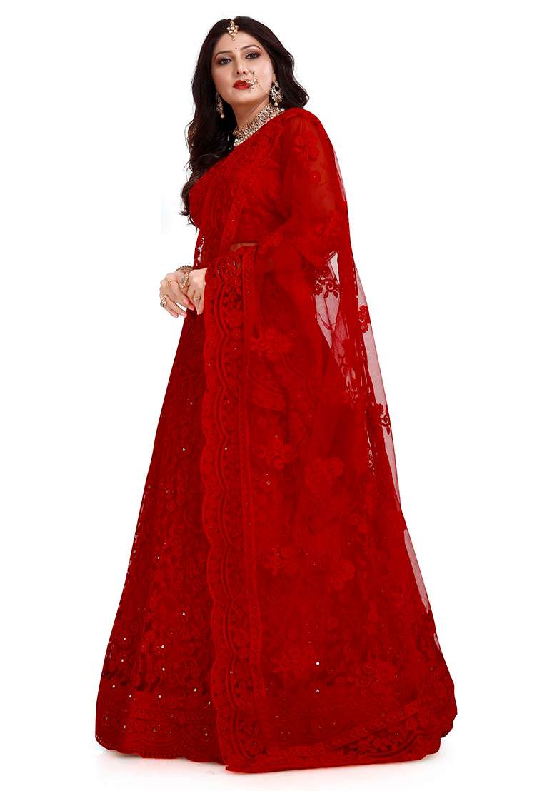 Cherry Red Lehenga Set with Embroidered for Diwali | Wedding & Festive Wear - Indya