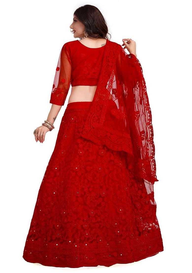 Cherry Red Lehenga Set with Embroidered for Diwali | Wedding & Festive Wear - Indya