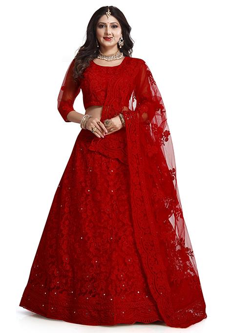 Cherry Red Embroidered Lehenga Set