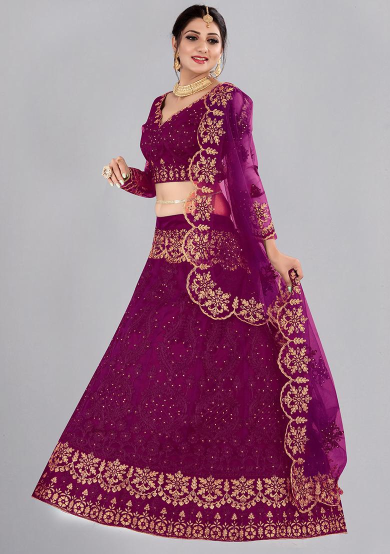Dark Purple Embroidered Net Lehenga Set - Indya
