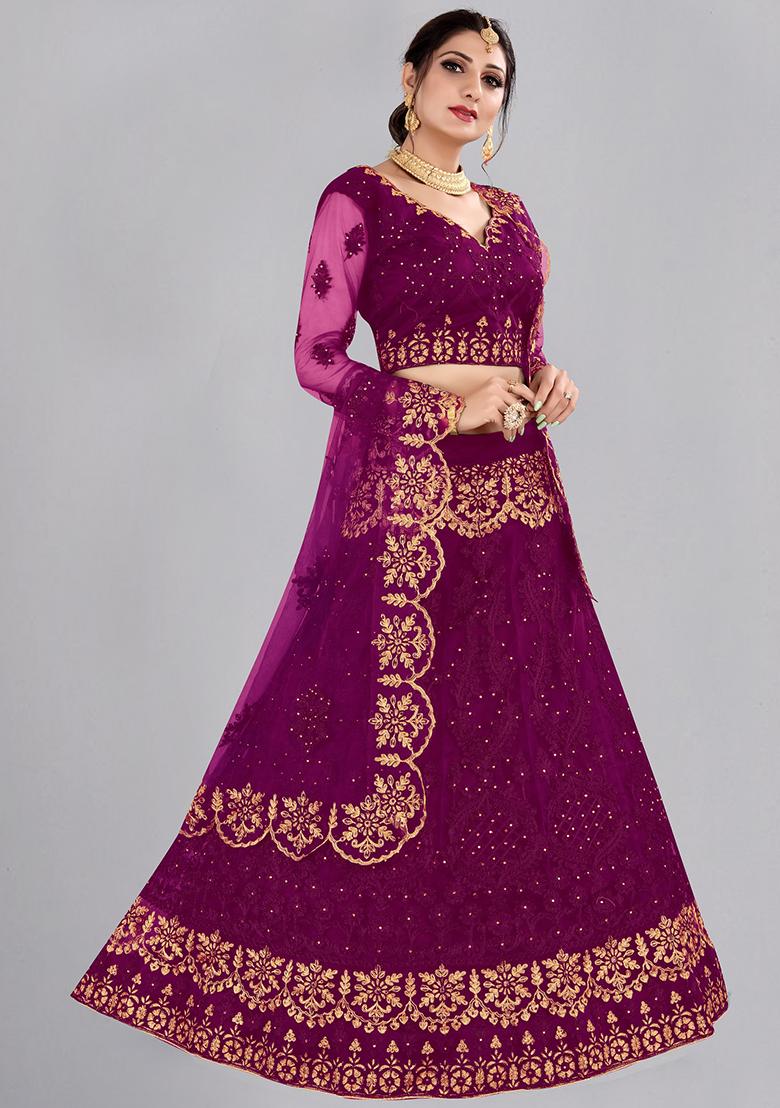 Dark Purple Embroidered Net Lehenga Set