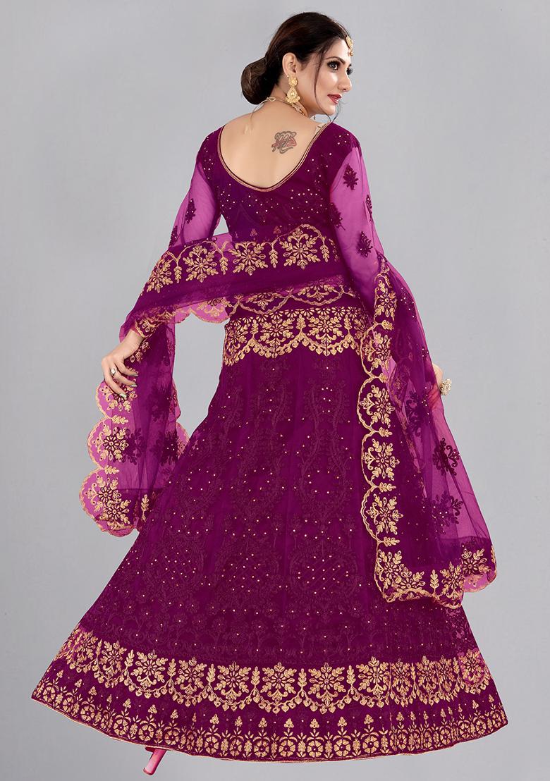 Dark Purple Embroidered Net Lehenga Set - Indya